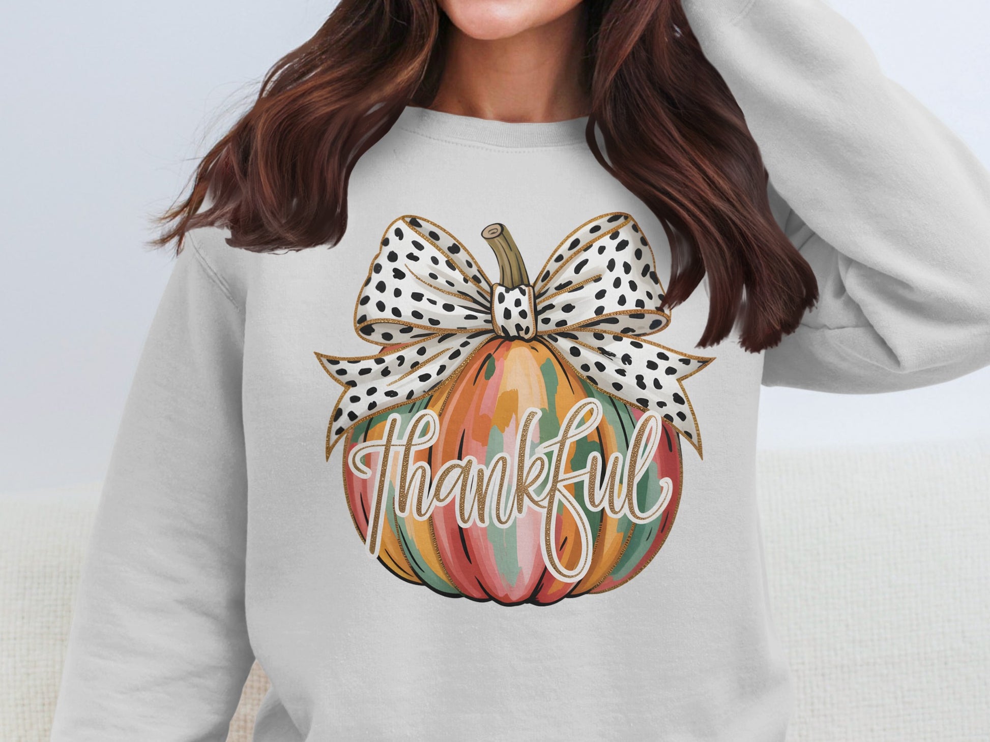 Thankful Pumpkin with Polka Dot Bow Sweatshirt Design