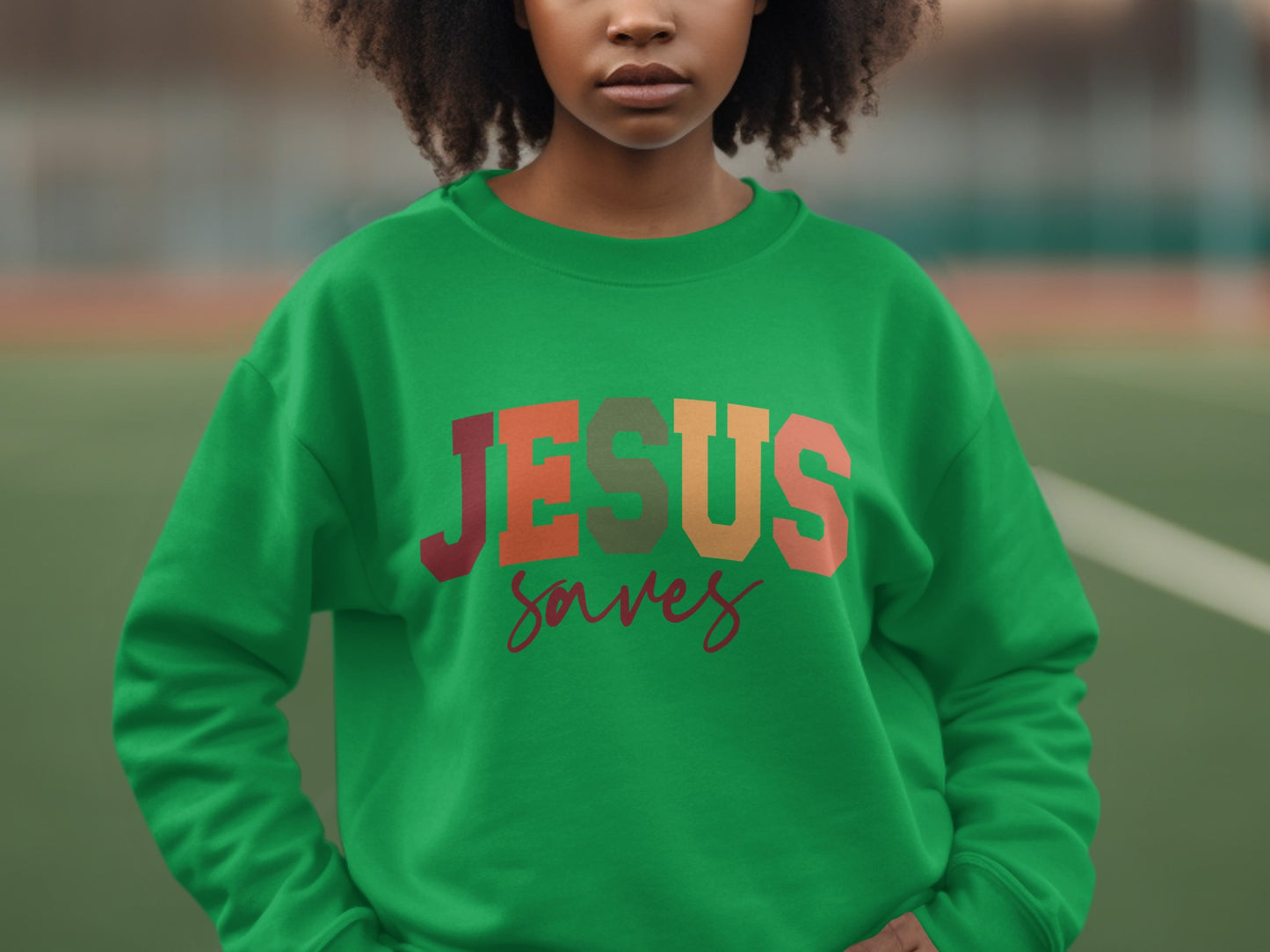 JESUS Saves Colorful Graphic Religious Sweatshirt