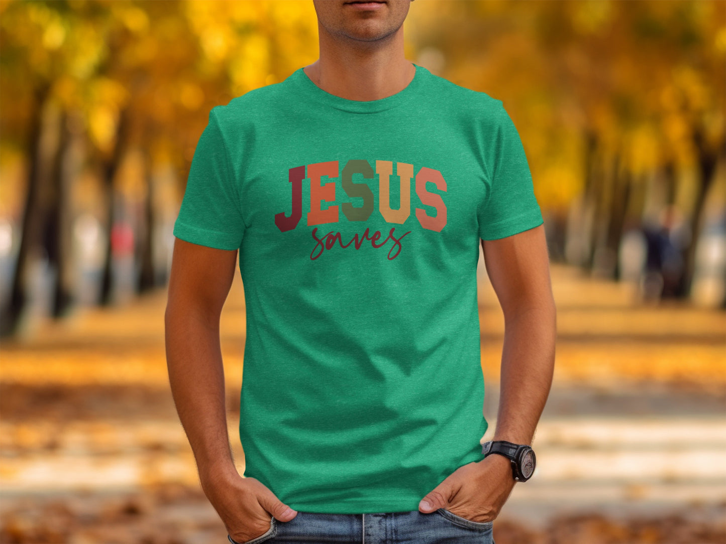 Jesus Saves Lettered Graphic on Green T-shirt Product