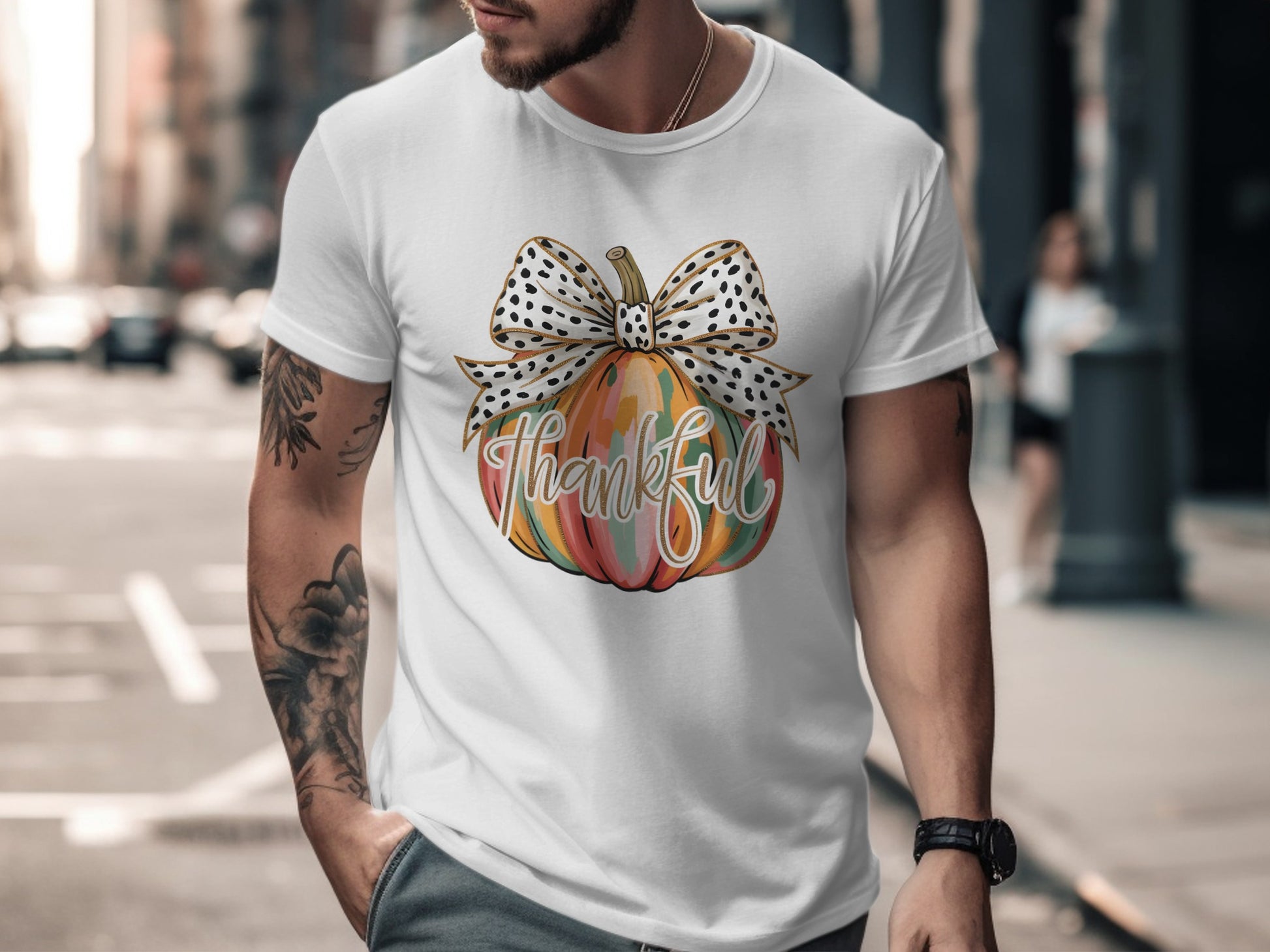 Thankful Pumpkin with Bow Graphic White Shirt
