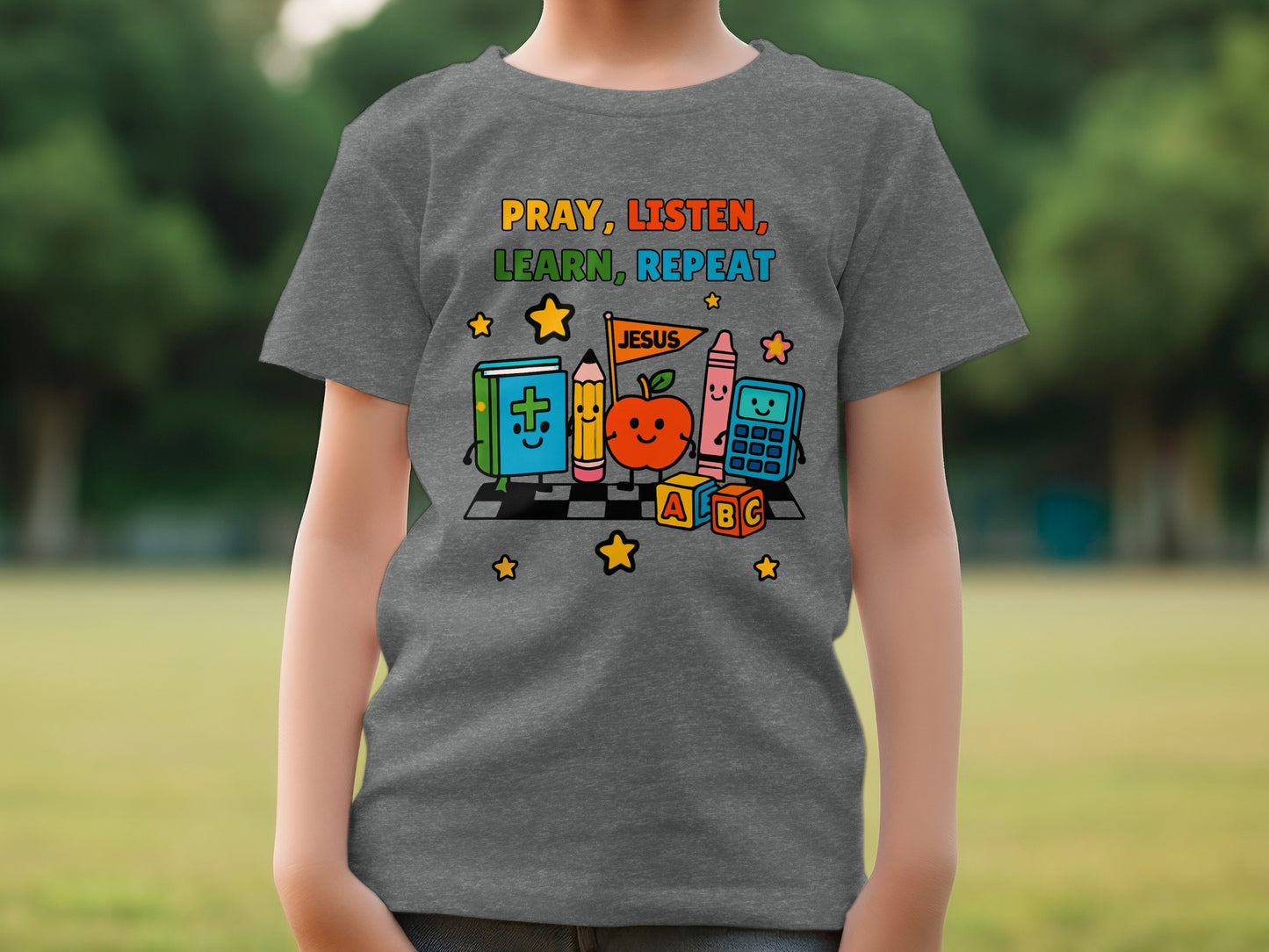 Pray Listen Learn Repeat Kids T-Shirt with Fun Design