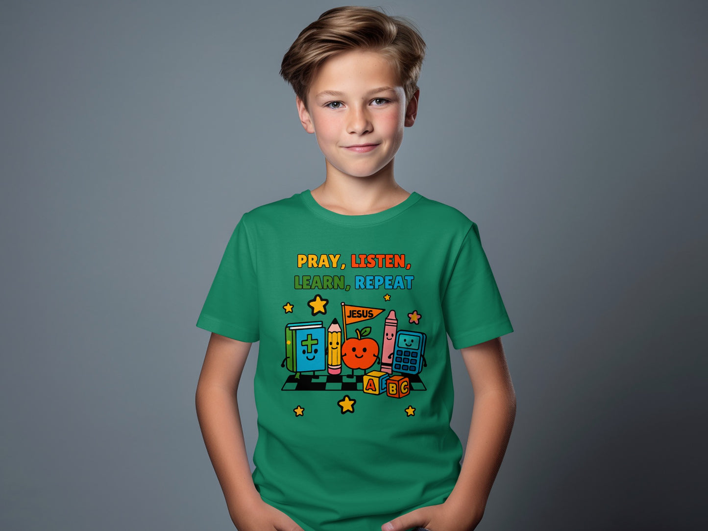 Pray Listen Learn Repeat Colorful Kids T-Shirt