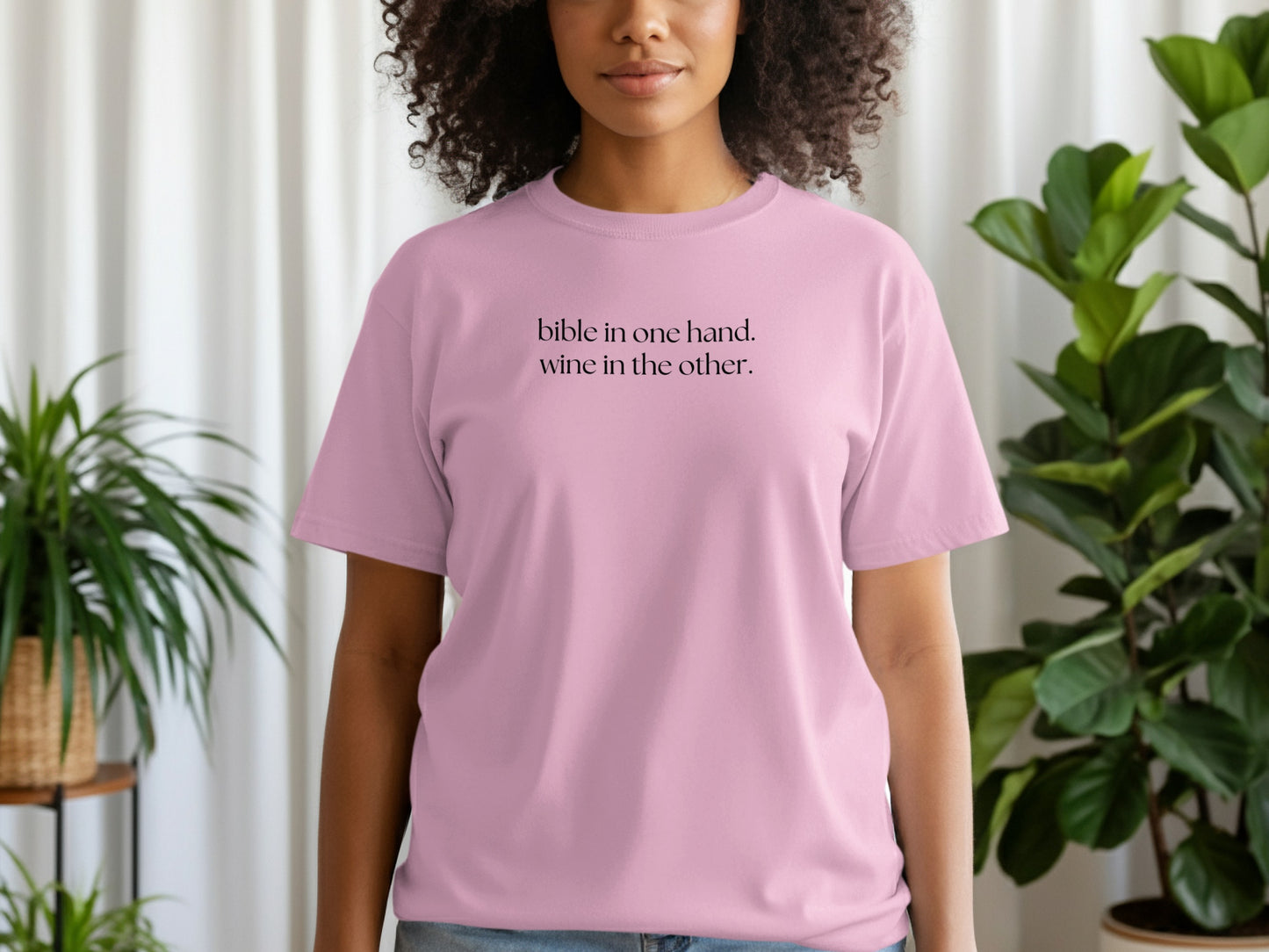 bible in one hand wine in the other shirt product type