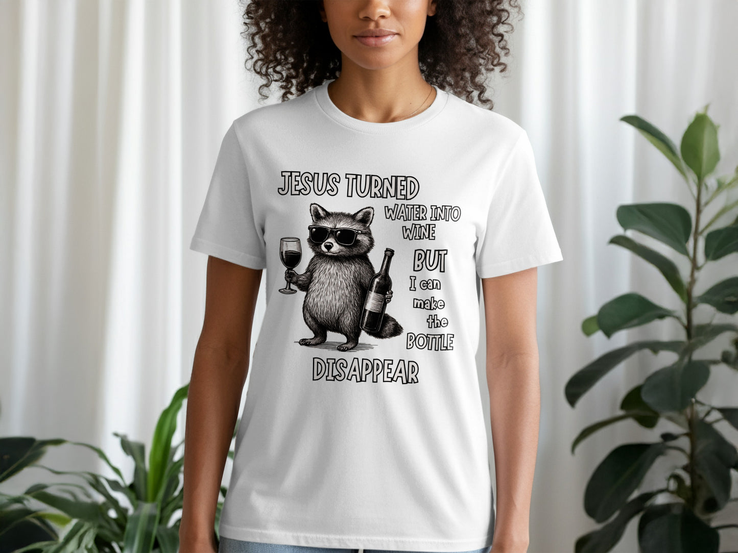 Jesus Turned Water into Wine Funny Raccoon T-shirt