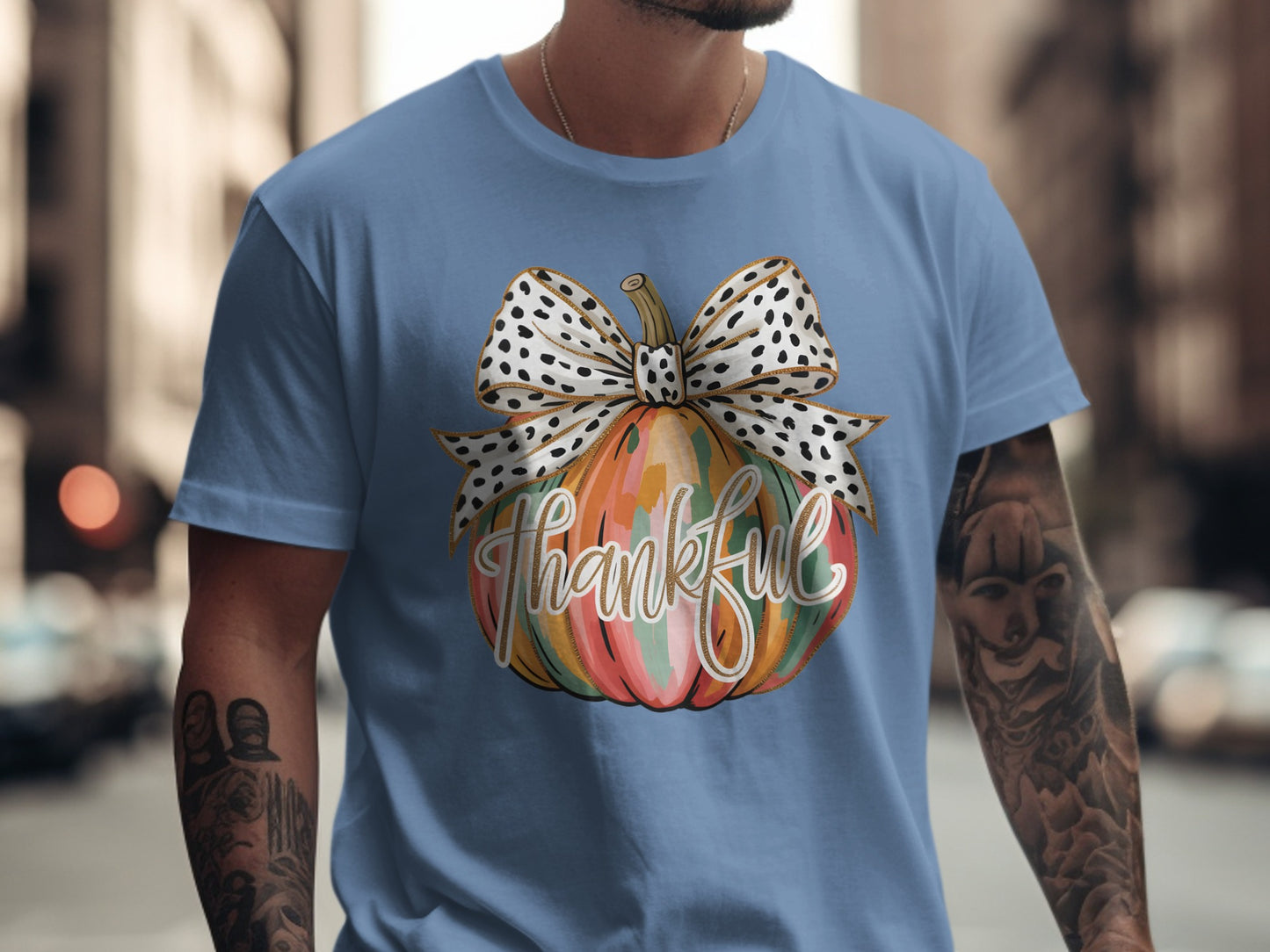 Thankful Pumpkin with Bow Design on Blue T-Shirt