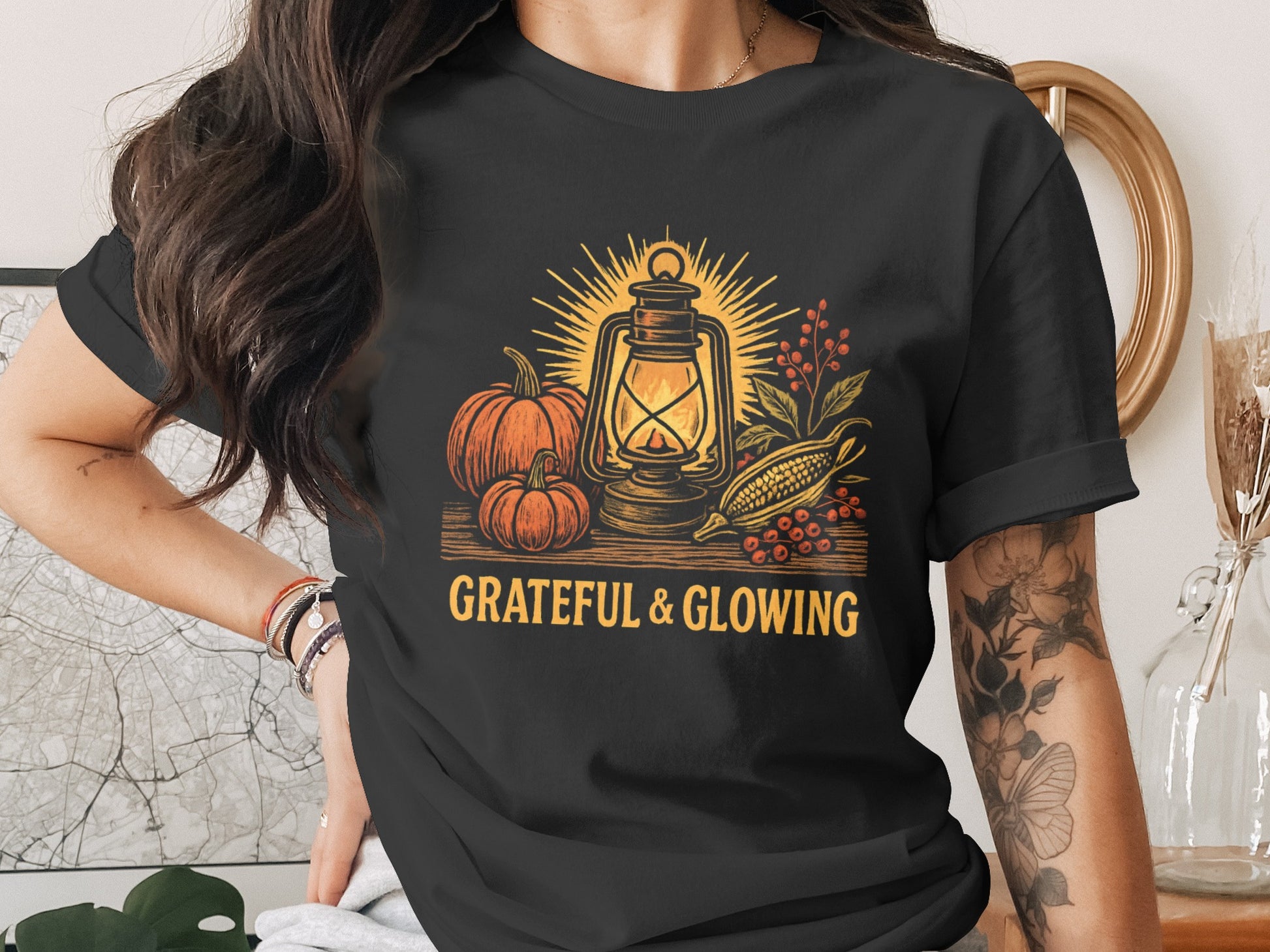 Grateful and Glowing Lantern and Pumpkin Themed Shirt