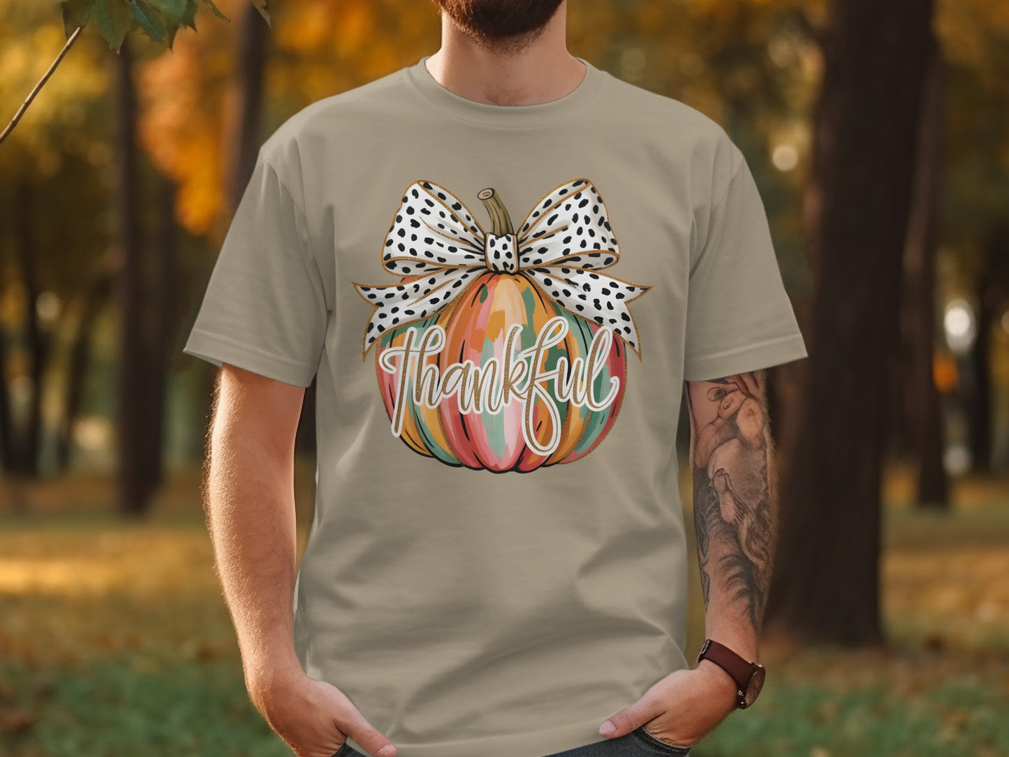 Thankful Pumpkin Bow Fall Season Graphic T-Shirt
