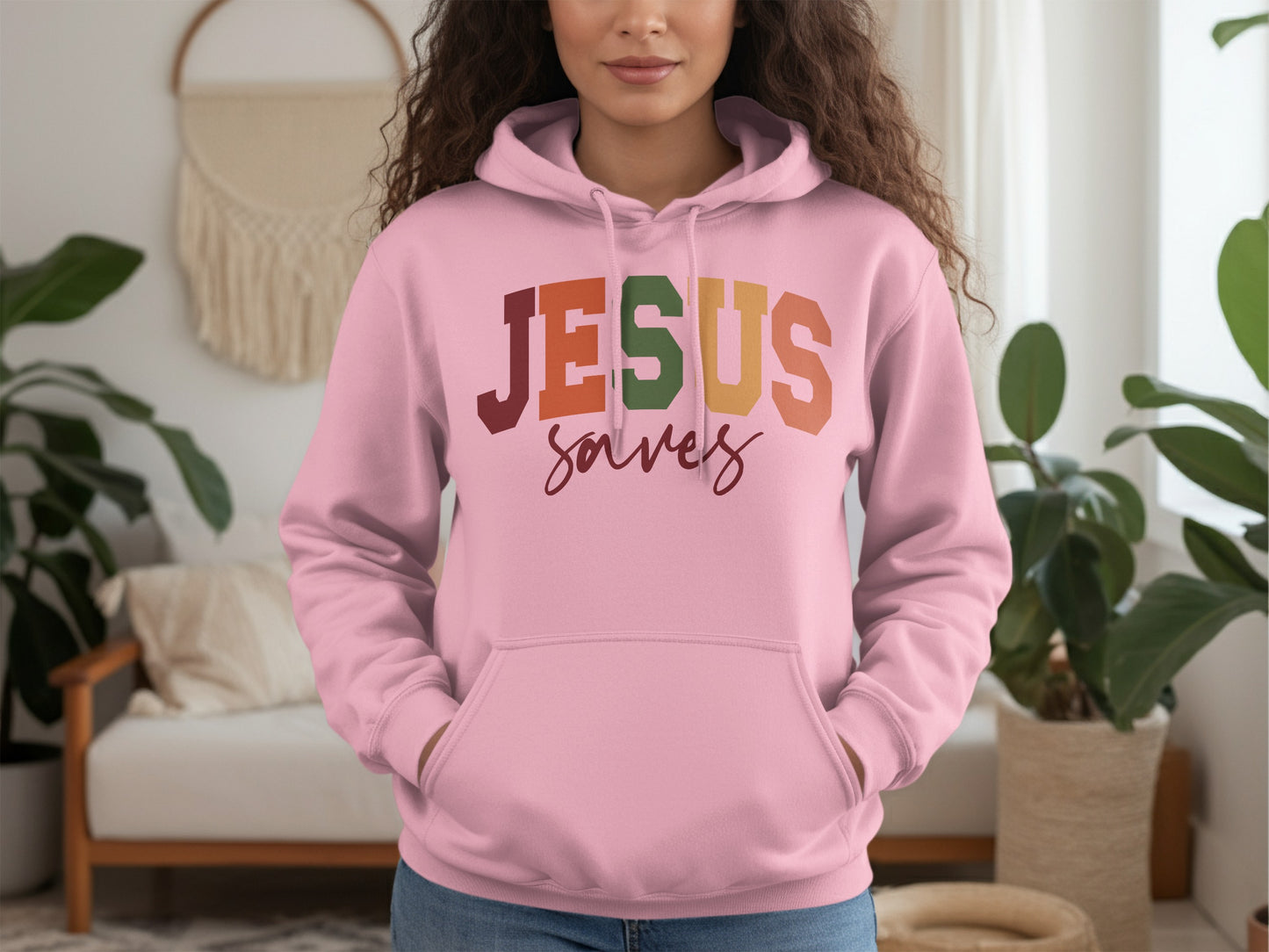 JESUS Saves Design in Multi-Color Letters Hoodie