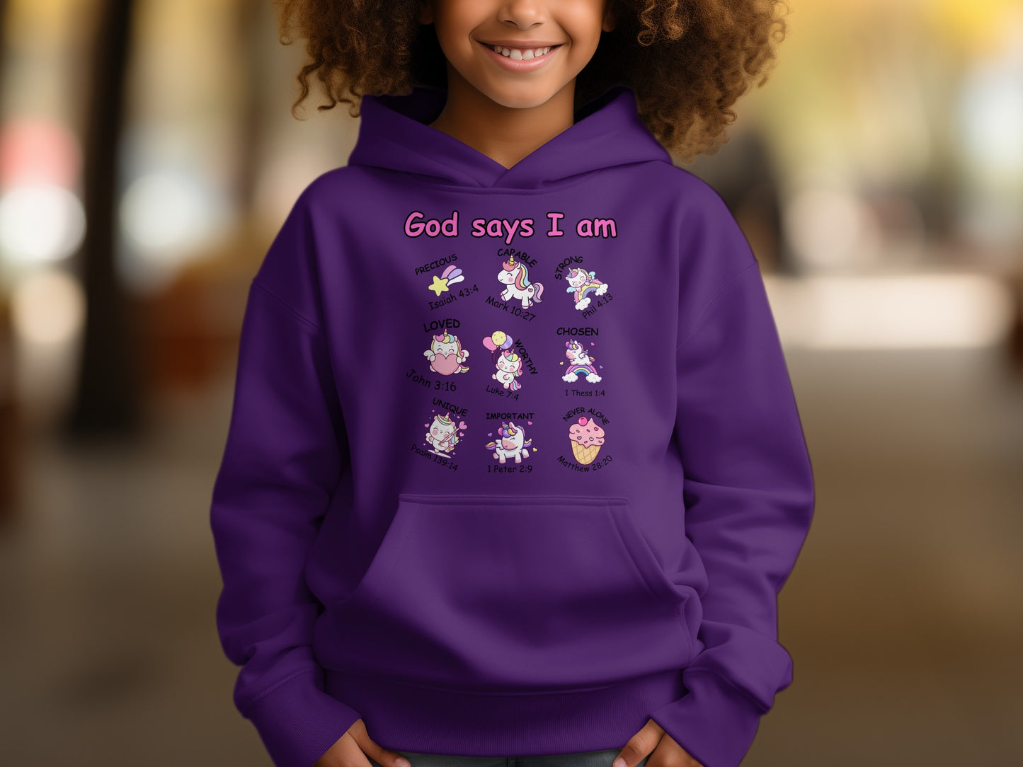 God Says I Am Purple Hoodie with Cute Illustrations