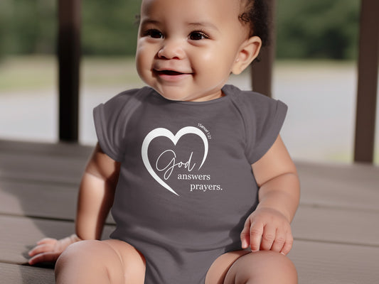 God Answers Prayers Baby Onesie with Heart Design