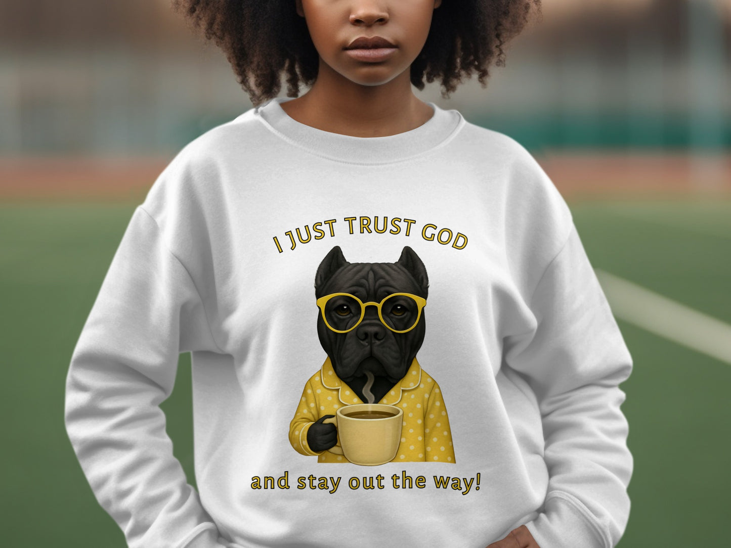 Funny Dog with Coffee and Trust God Graphic Design
