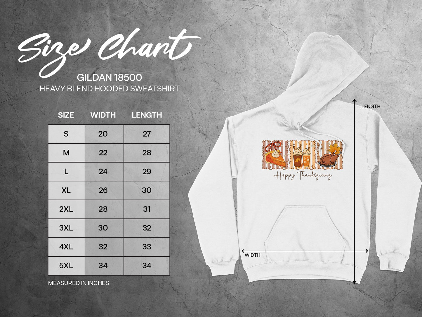 Happy Thanksgiving Sweatshirt with Size Chart